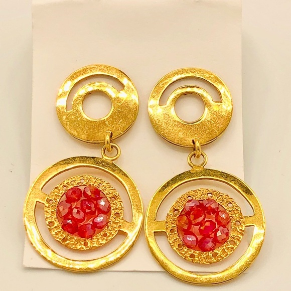Vintage Barbiecore Gold and Pink-Red Earrings - Picture 4 of 4